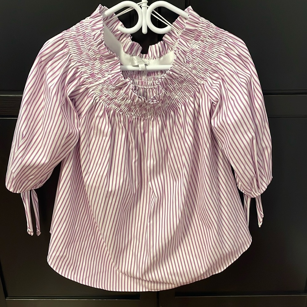 NWOT CAROLINE CONSTAS OFF SHOULDER TOP STRIPED WHITE & PURPLE. Size SMALL